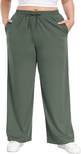 Lastshe Women's Plus Size Casual Pants Elastic Waist Wide Leg Loose Fit Pajama Drawstring Home Pants with Pockets