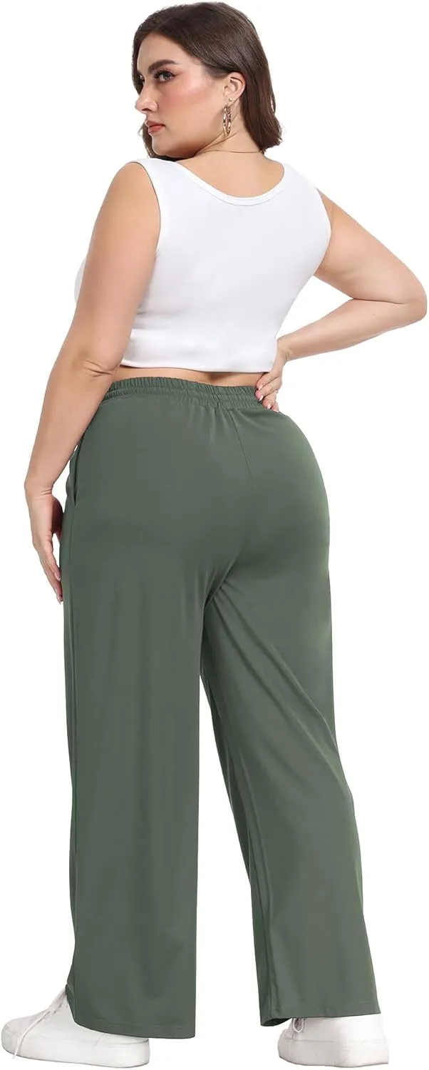 Lastshe Women's Plus Size Casual Pants Elastic Waist Wide Leg Loose Fit Pajama Drawstring Home Pants with Pockets