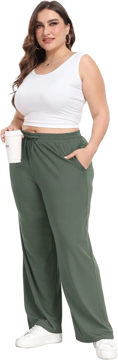 Lastshe Women's Plus Size Casual Pants Elastic Waist Wide Leg Loose Fit Pajama Drawstring Home Pants with Pockets