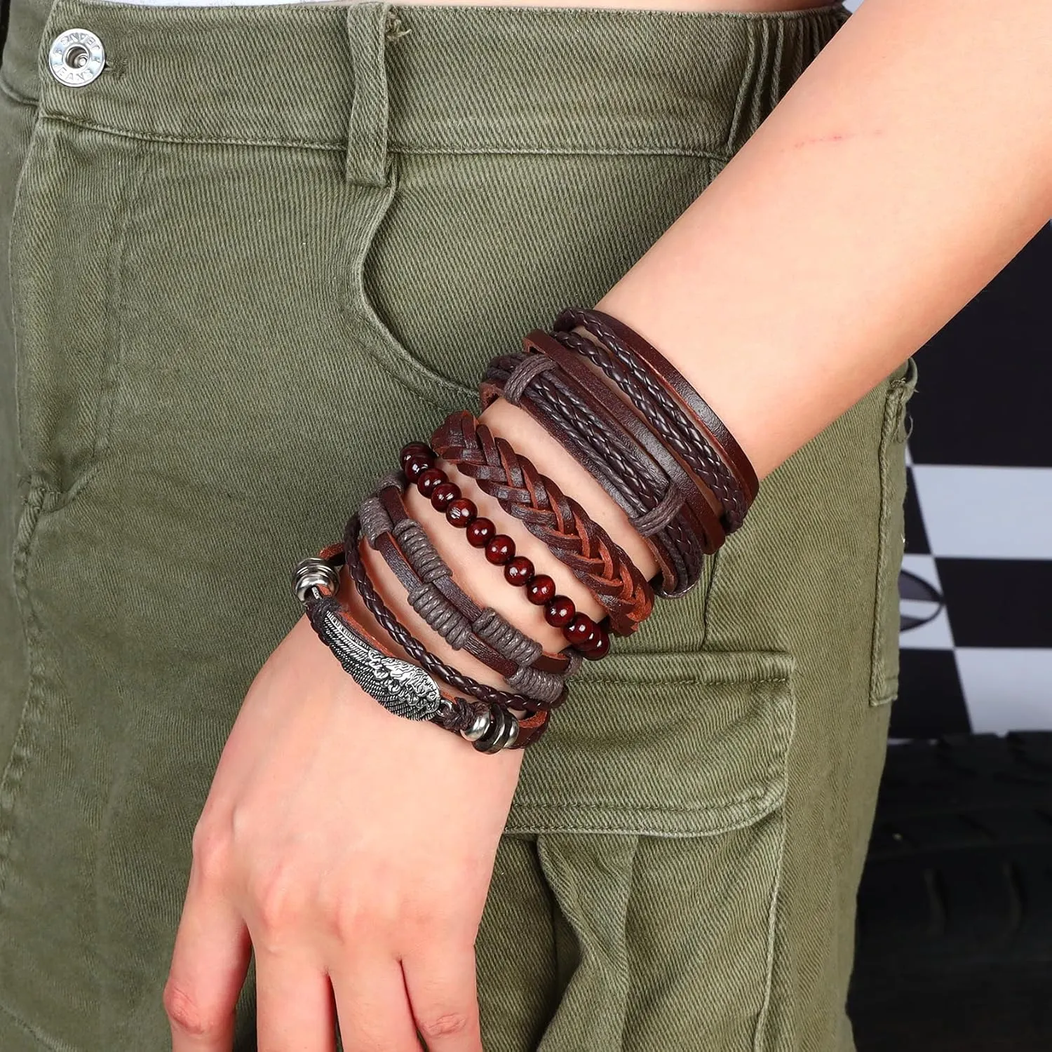 Manfnee 6-12PCS Braided Faux Leather Bracelet Punk Cuff Wrap Bracelets for Men Women Adjustable