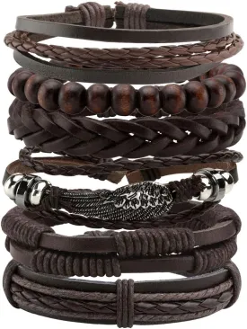 Manfnee 6-12PCS Braided Faux Leather Bracelet Punk Cuff Wrap Bracelets for Men Women Adjustable