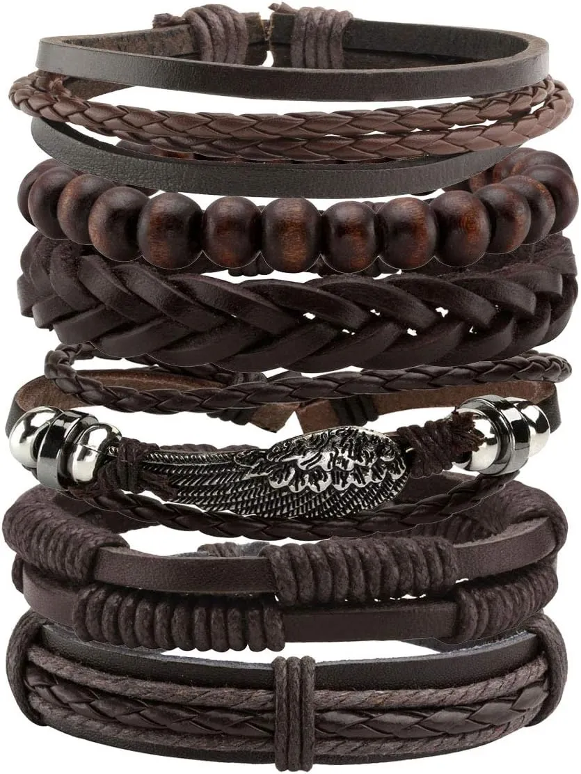 Manfnee 6-12PCS Braided Faux Leather Bracelet Punk Cuff Wrap Bracelets for Men Women Adjustable
