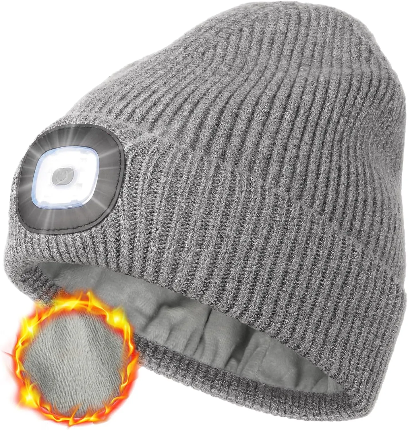 MELASA Winter Fleece Lined LED Beanie, USB Rechargeable Hand Free Warm Hat with Light Built in, Gifts for Men Dad Husband Him