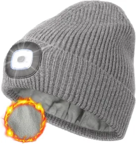 MELASA Winter Fleece Lined LED Beanie, USB Rechargeable Hand Free Warm Hat with Light Built in, Gifts for Men Dad Husband Him