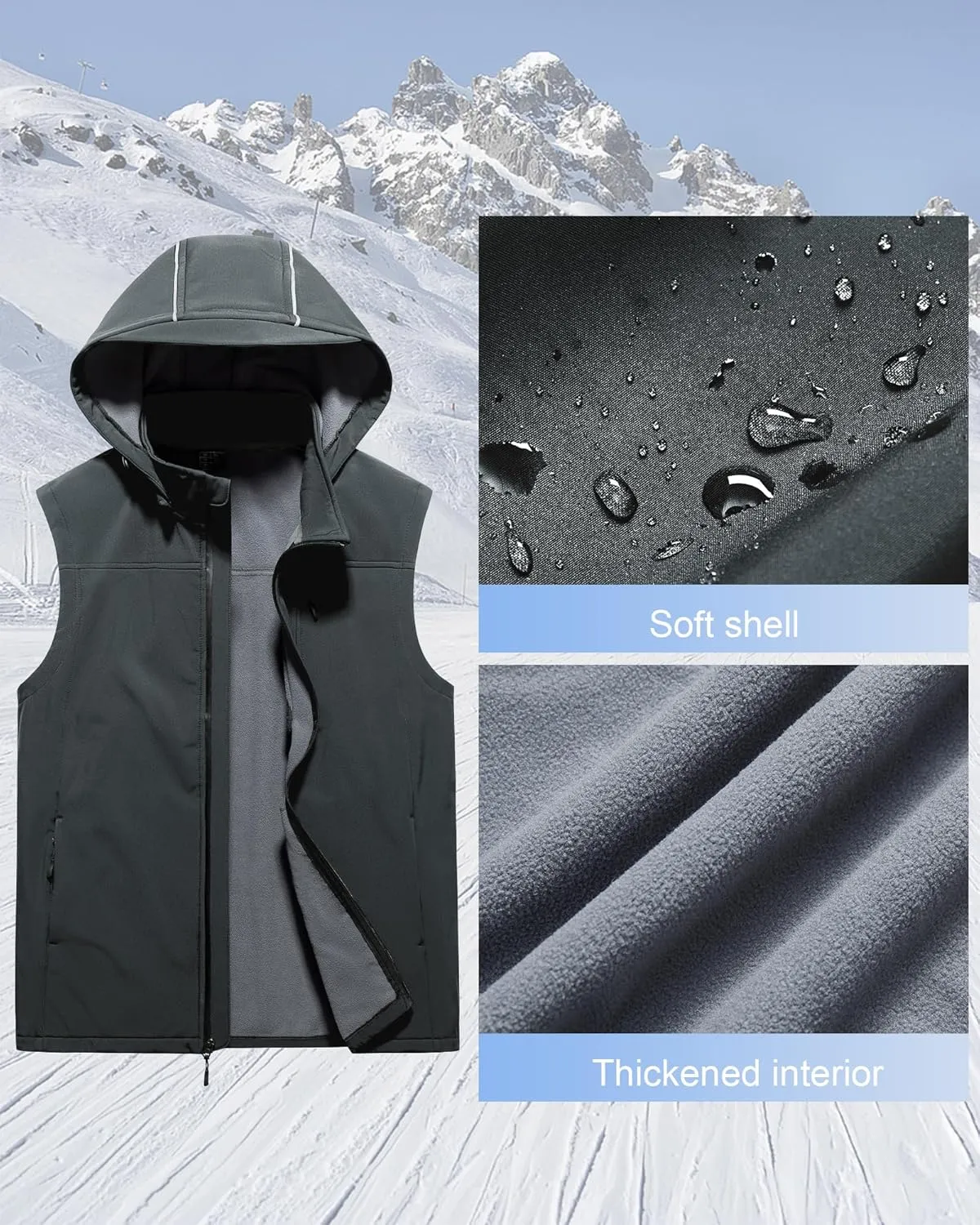 Men's Golf Vest Windproof Softshell Vest Running Outerwear Fleece Lined Sleeveless Jacket for Hiking Travel