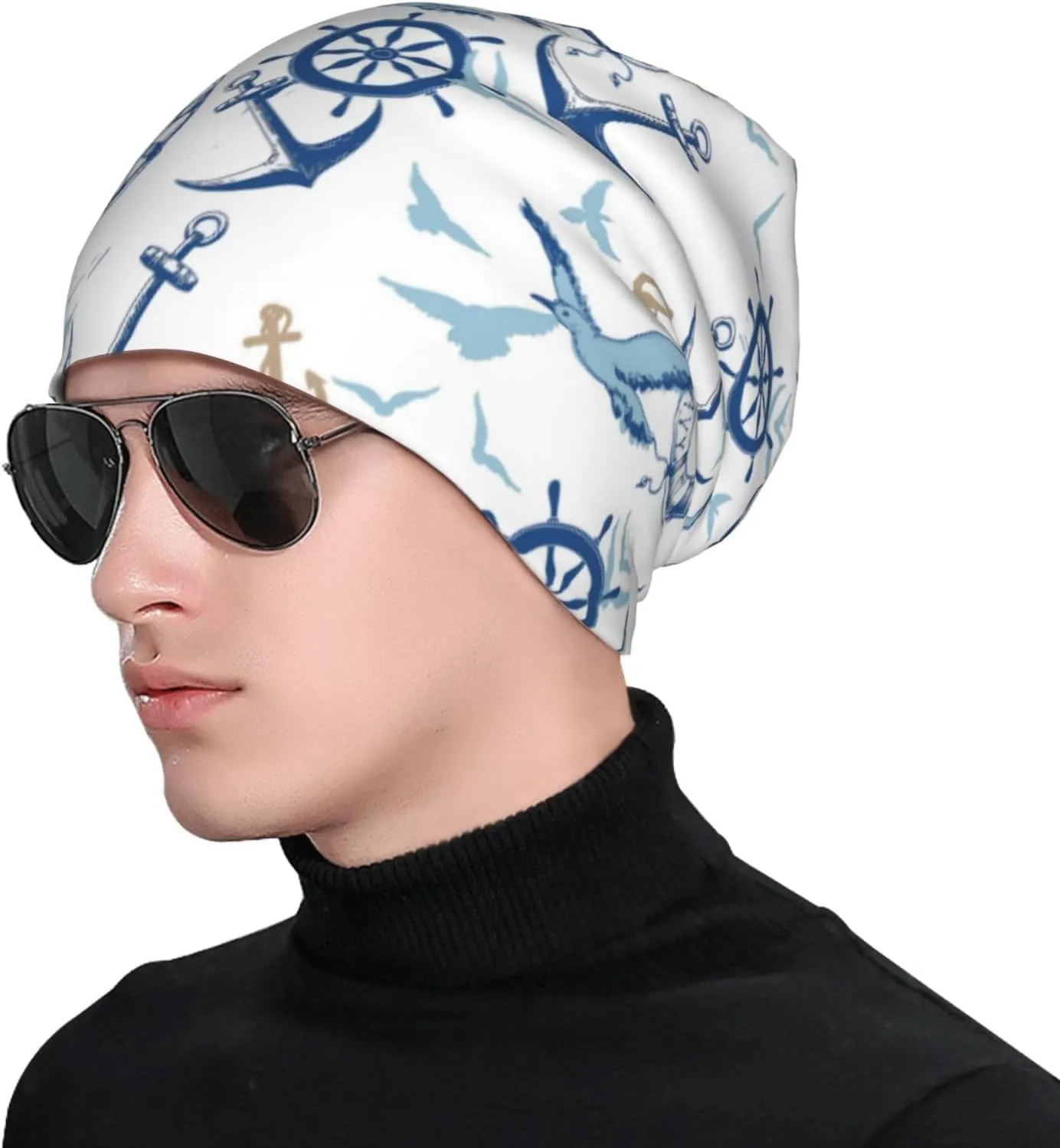 Nautical Anchor Knit Beanie Hat Adults Stretch Knitted Skull Beanies Cap Hats for Women Men