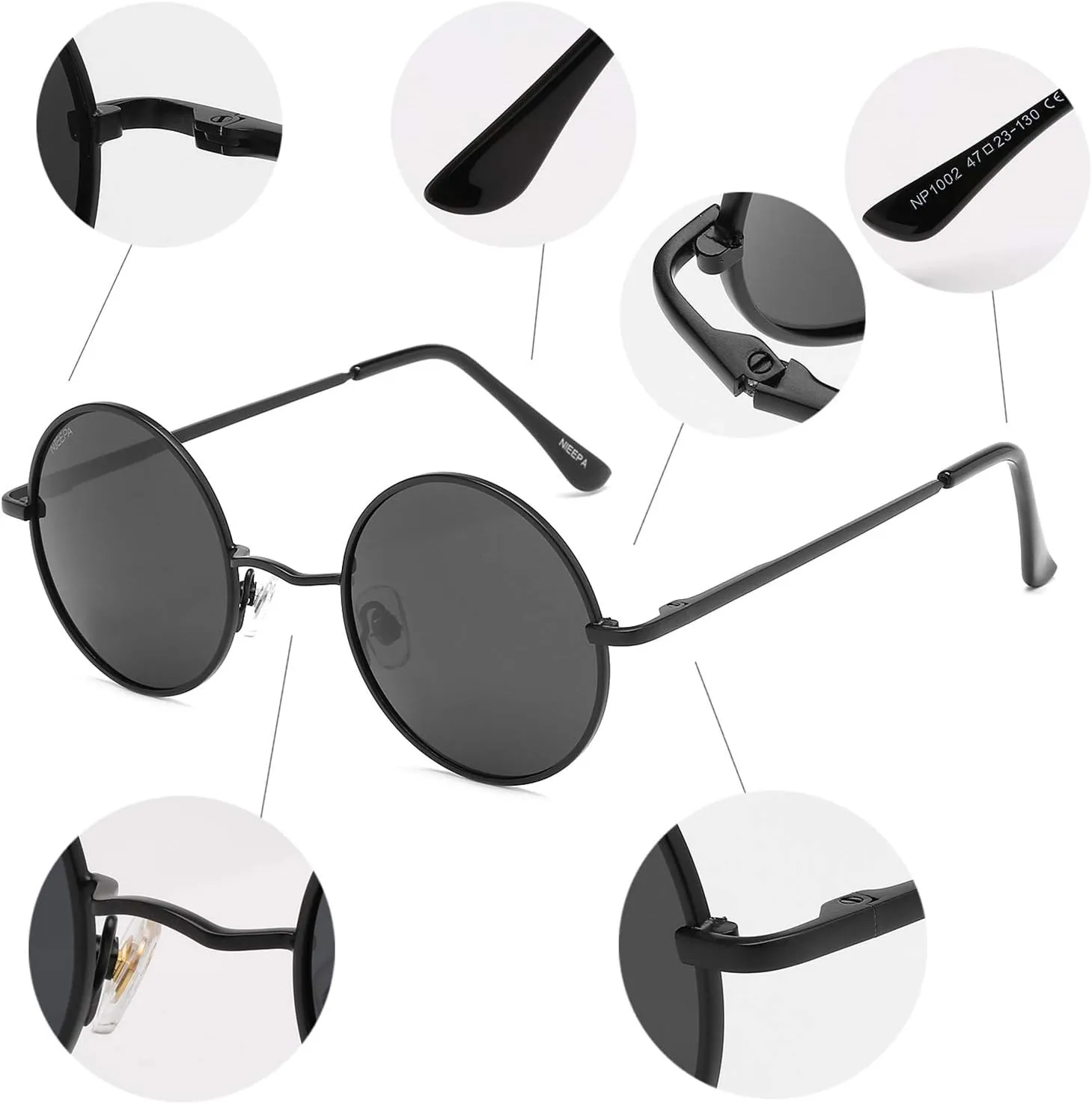 NIEEPA Vintage Small Round Polarized Hippie Sunglasses for Men Women Circle Sun Glasses NP1002