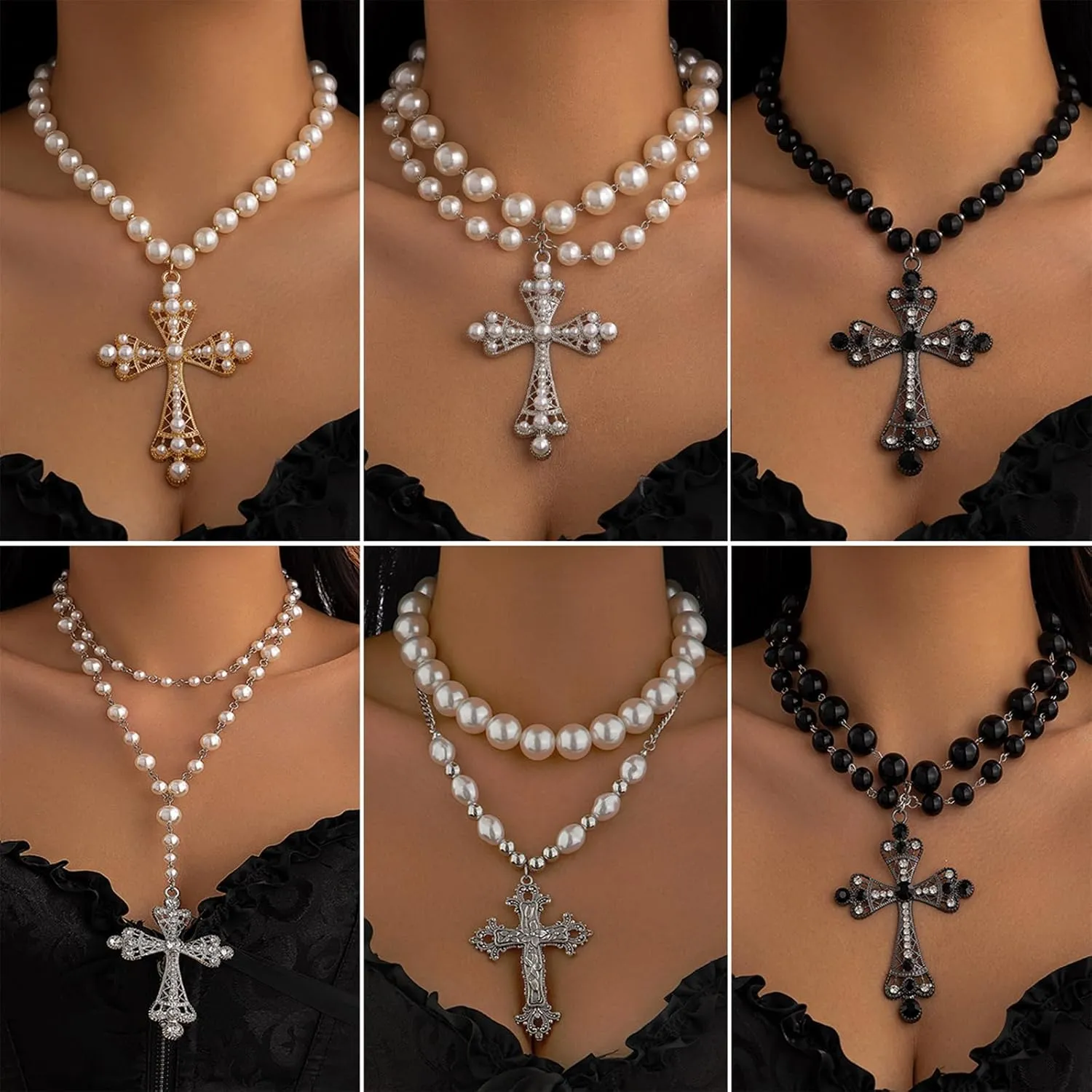 Pearl Cross Big Necklace for Women Gothic Gold Chunky Long Cross Pendant Necklaces Pearl Beads Chain Large Crucifix Dangle Punk Party for Women