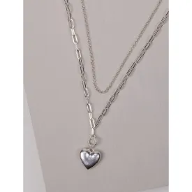 Silver Double Layered Necklace with Heart Charm