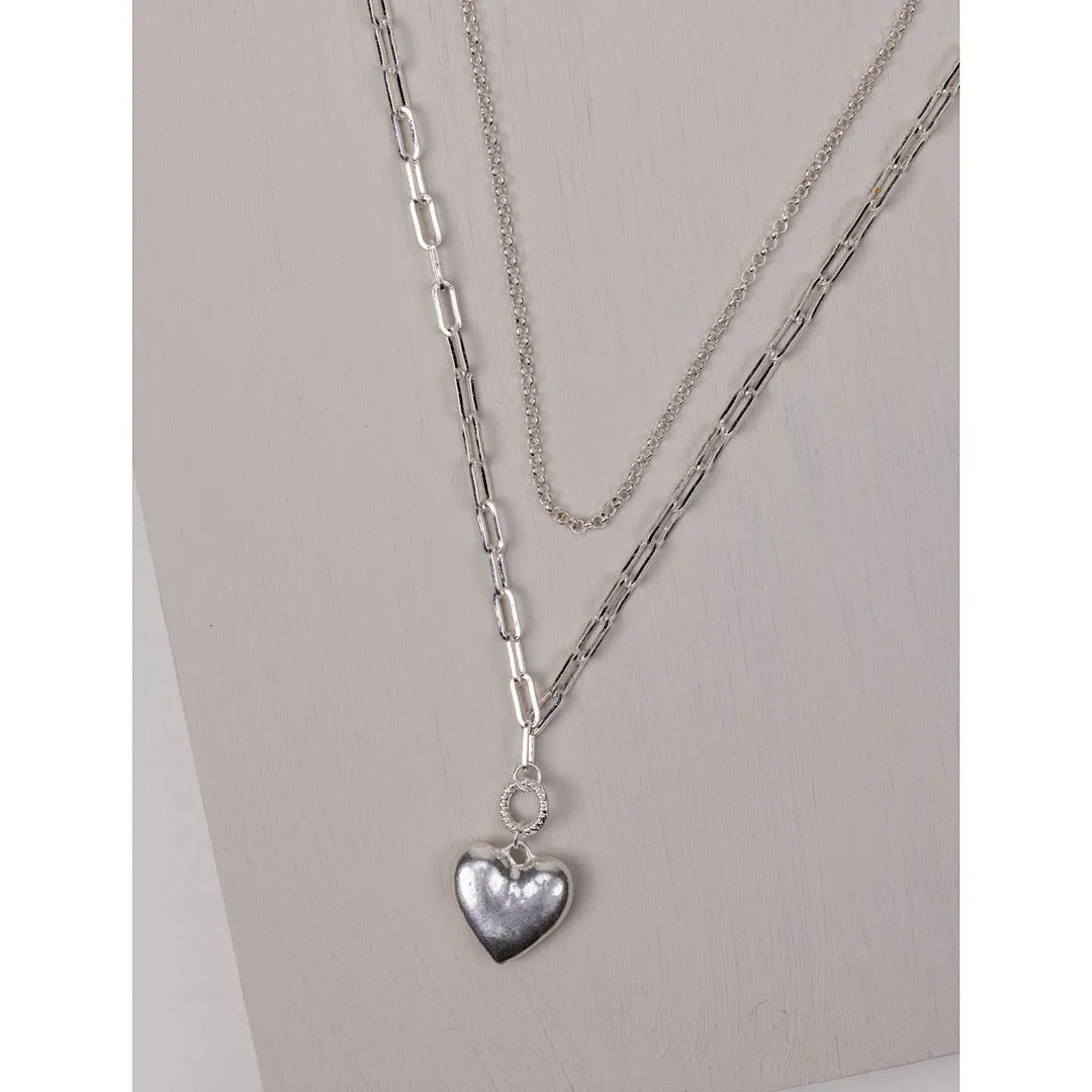 Silver Double Layered Necklace with Heart Charm