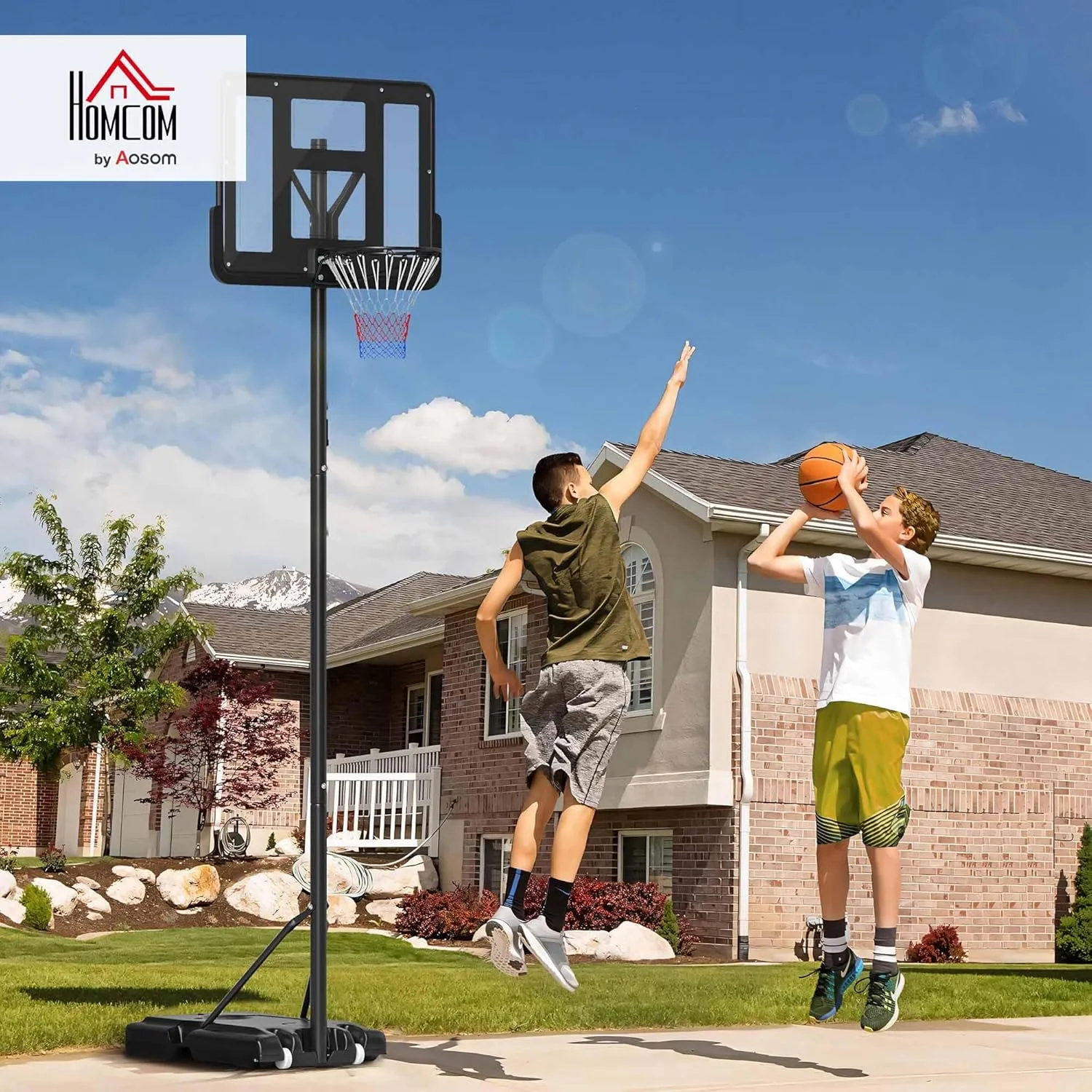 Soozier Portable Basketball Hoop, 5.2-10' Adjustable Height, Weight Base with Ball Holder, Basket Ball Stand on Wheels with 43" Backboard for Outdoor Junior Youth Adult Use