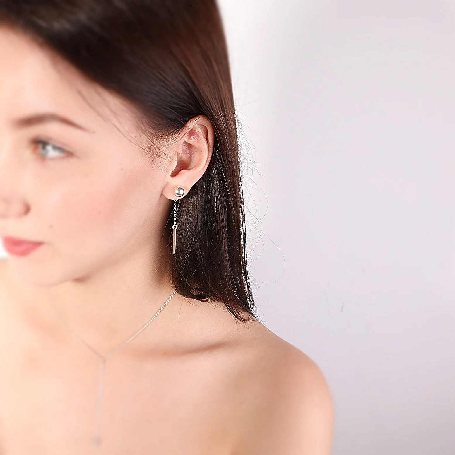 Sterling silver long chain bar Stud earrings
