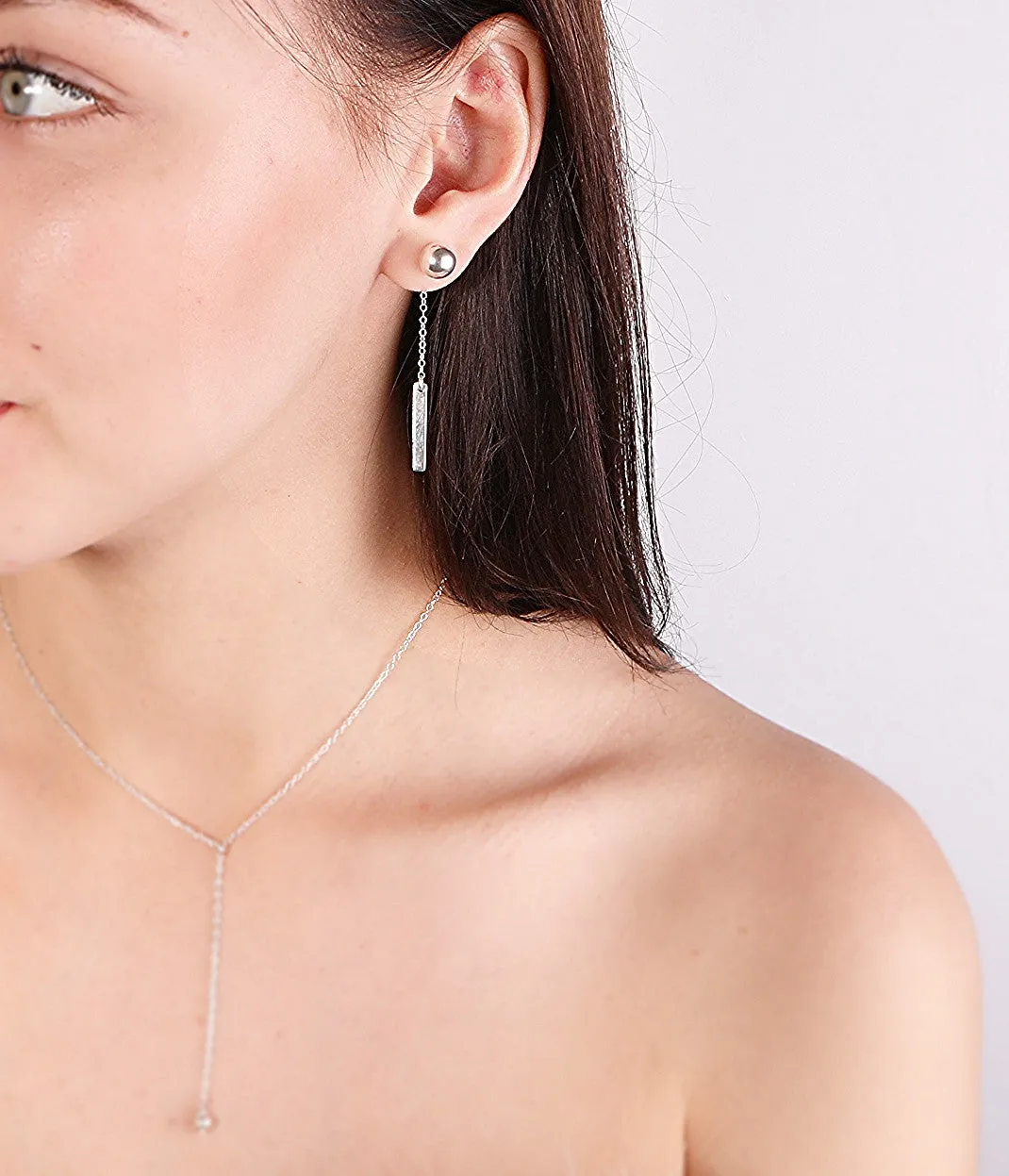 Sterling silver long chain bar Stud earrings