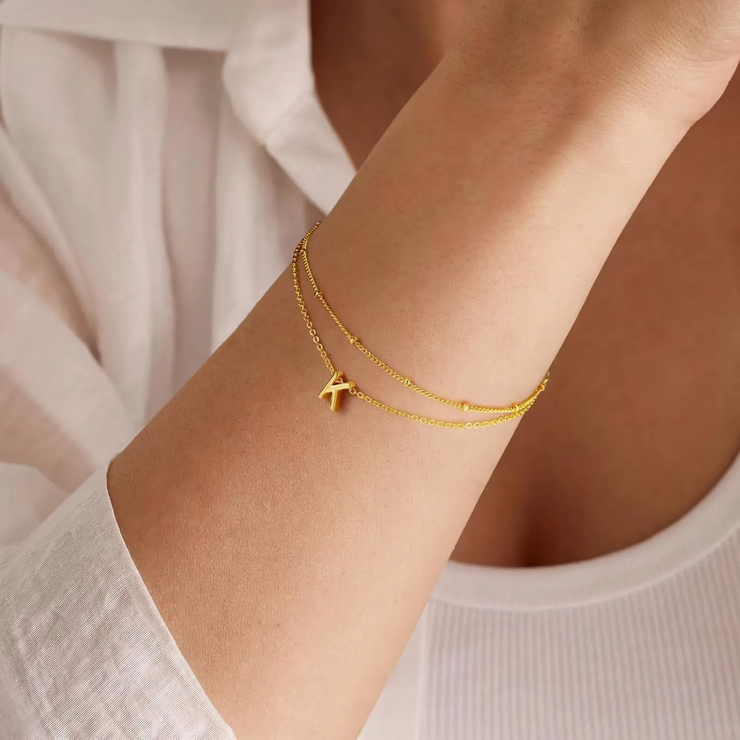 Turandoss Gold Initial Bracelets for Women, Dainty 18K Real Gold Plated Layered Letter A-Z Initial Bracelets Personalized 26 Alphabet Monogram Gold Bracelets for Women Jewelry Gifts Trendy