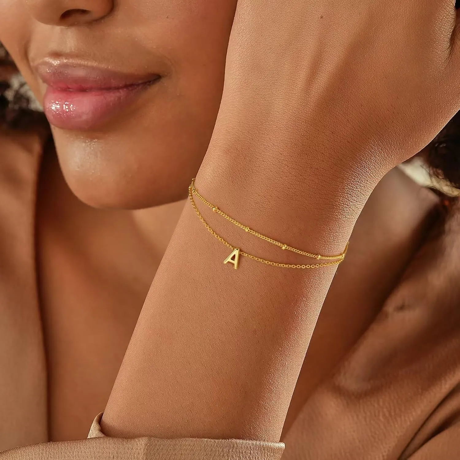 Turandoss Gold Initial Bracelets for Women, Dainty 18K Real Gold Plated Layered Letter A-Z Initial Bracelets Personalized 26 Alphabet Monogram Gold Bracelets for Women Jewelry Gifts Trendy