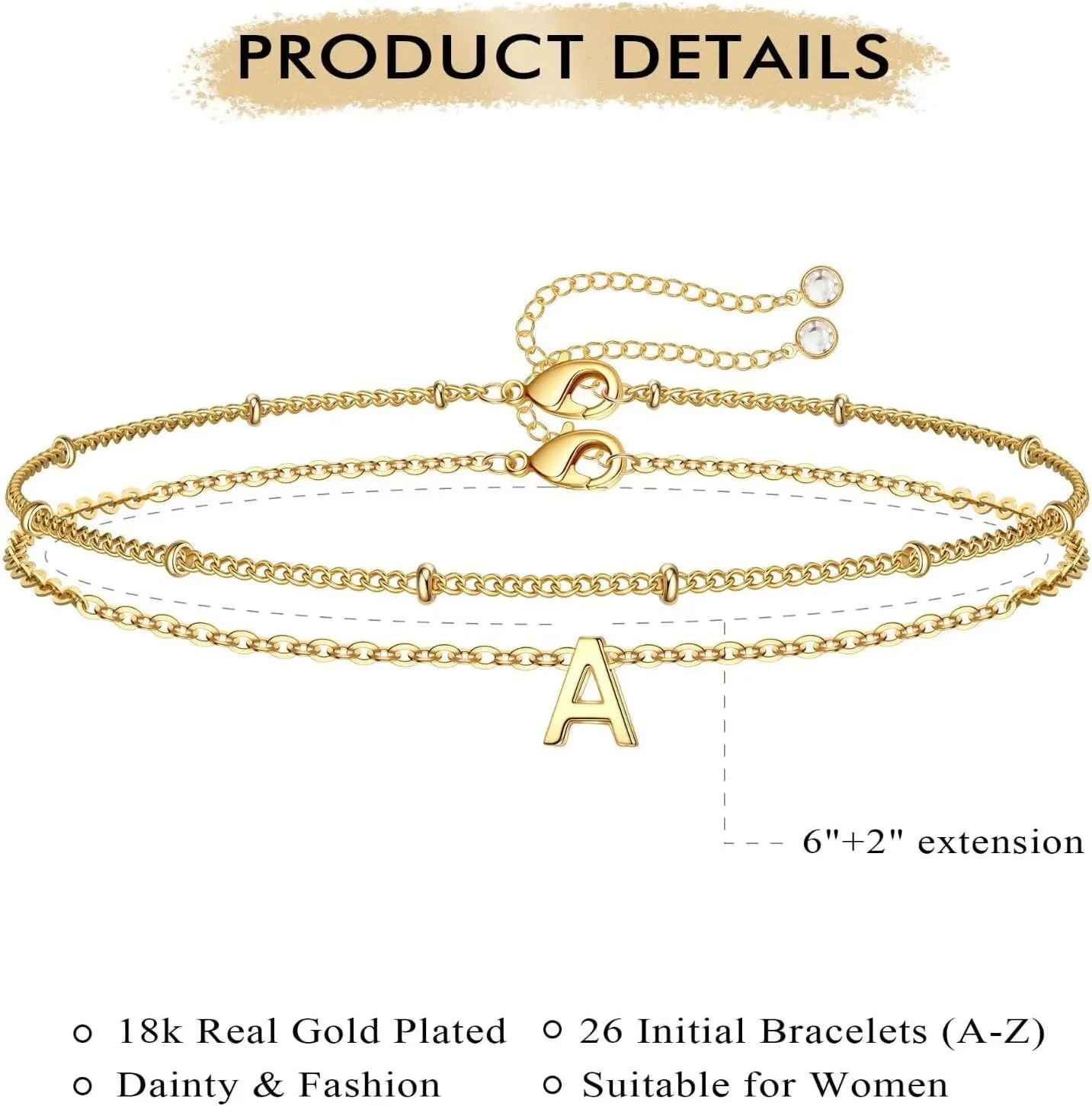 Turandoss Gold Initial Bracelets for Women, Dainty 18K Real Gold Plated Layered Letter A-Z Initial Bracelets Personalized 26 Alphabet Monogram Gold Bracelets for Women Jewelry Gifts Trendy