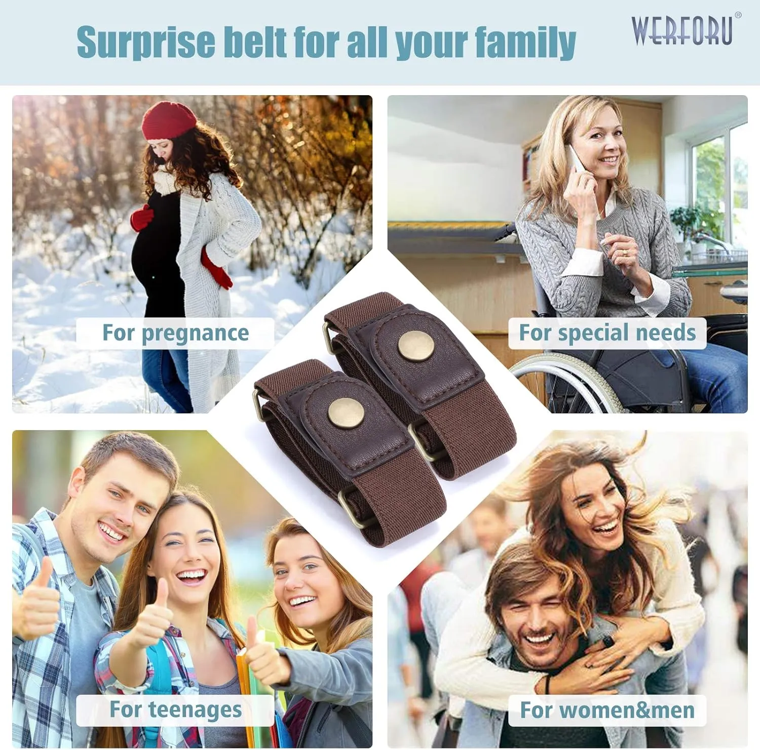 WERFORU Women 2 Loop No Buckle Elastic Belt for Women Men Side belts Buckle Free Stretch Belt for Jeans Pants