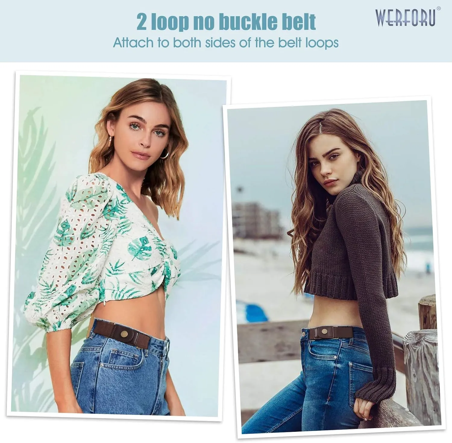 WERFORU Women 2 Loop No Buckle Elastic Belt for Women Men Side belts Buckle Free Stretch Belt for Jeans Pants