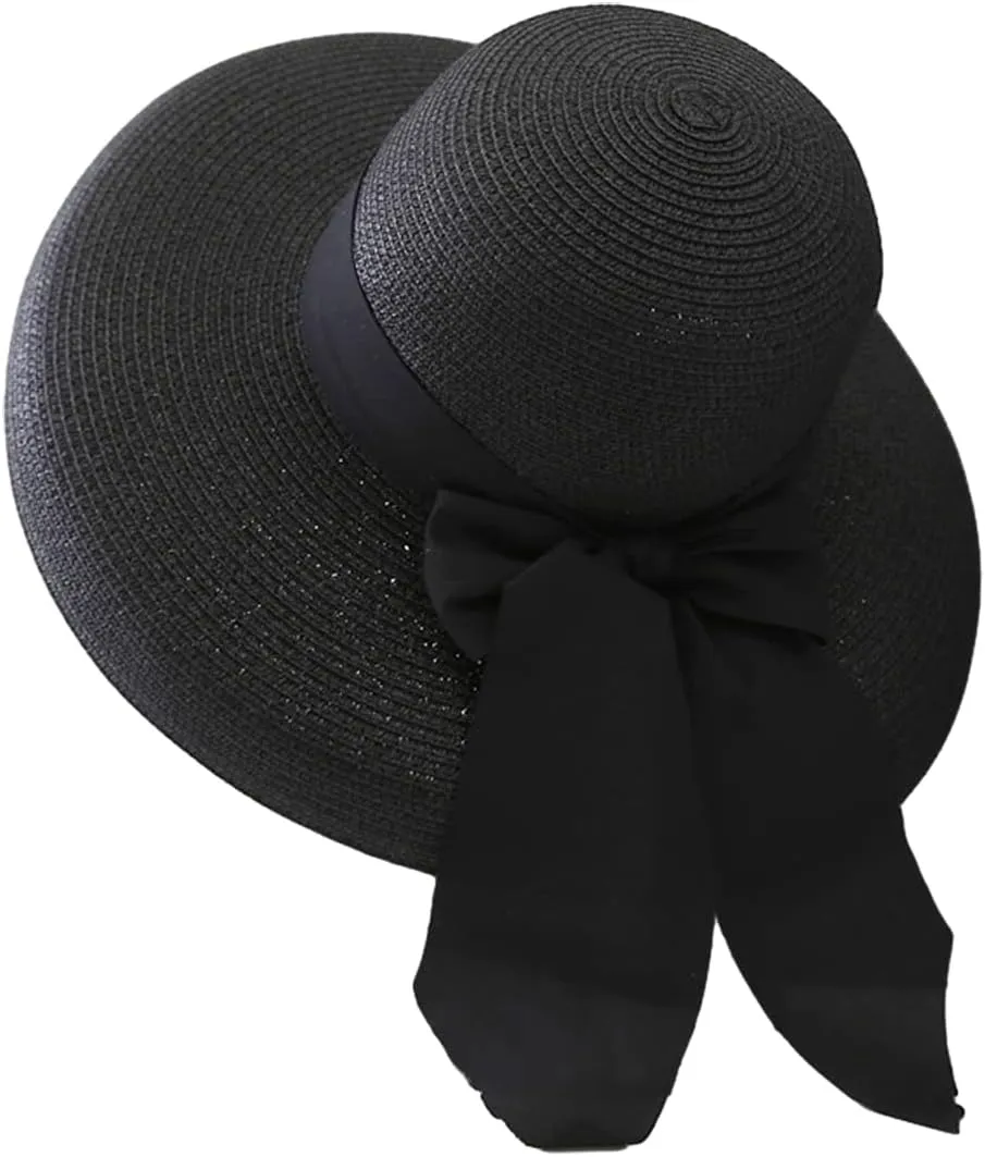 Women Floppy Beach Hat Wide Brim Panama Straw hat Fedora Beach Sun Cap Packable Summer Cap with Bow