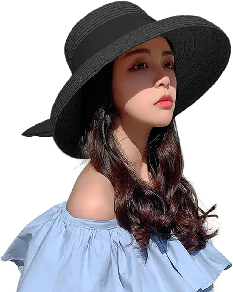 Women Floppy Beach Hat Wide Brim Panama Straw hat Fedora Beach Sun Cap Packable Summer Cap with Bow