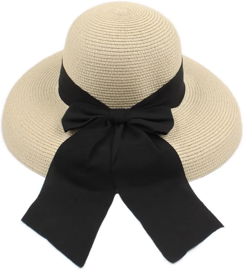 Women Floppy Beach Hat Wide Brim Panama Straw hat Fedora Beach Sun Cap Packable Summer Cap with Bow