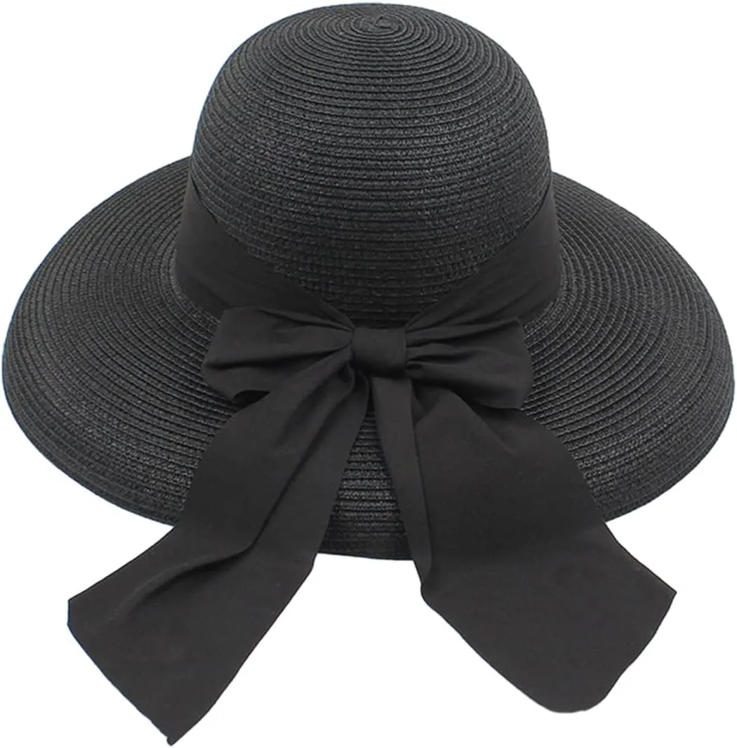 Women Floppy Beach Hat Wide Brim Panama Straw hat Fedora Beach Sun Cap Packable Summer Cap with Bow