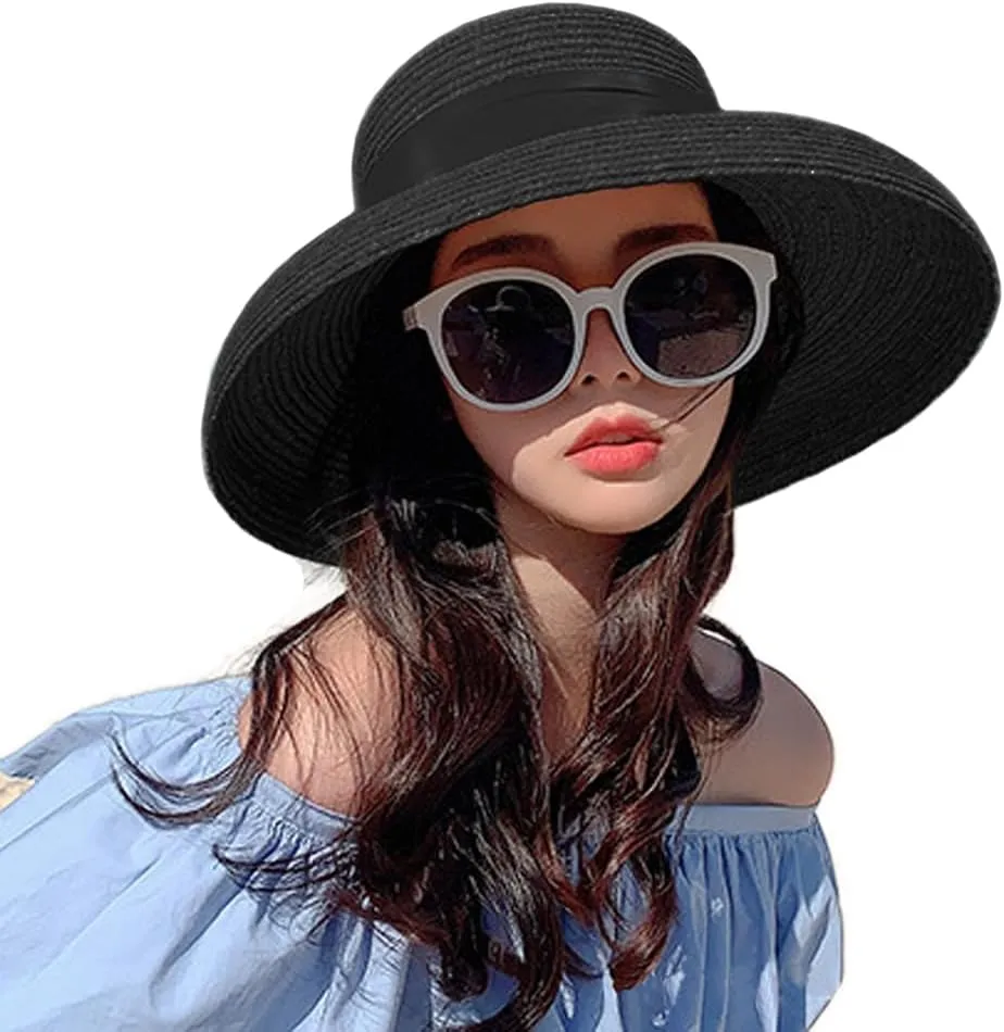 Women Floppy Beach Hat Wide Brim Panama Straw hat Fedora Beach Sun Cap Packable Summer Cap with Bow