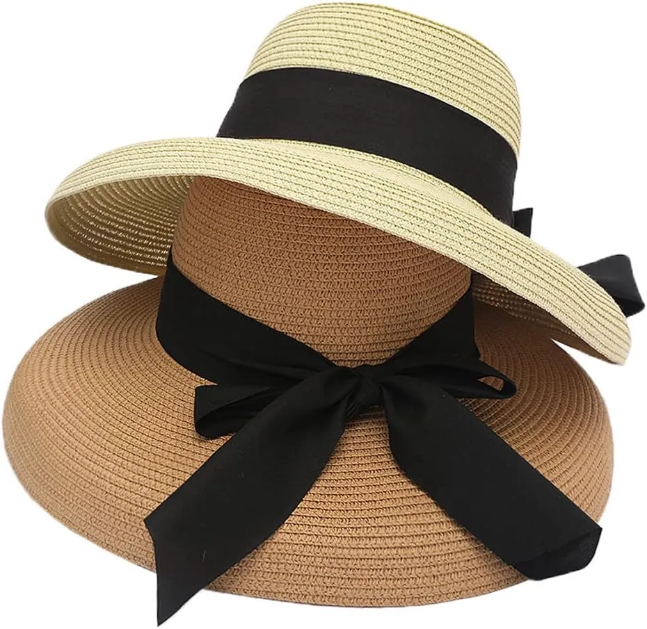 Women Floppy Beach Hat Wide Brim Panama Straw hat Fedora Beach Sun Cap Packable Summer Cap with Bow