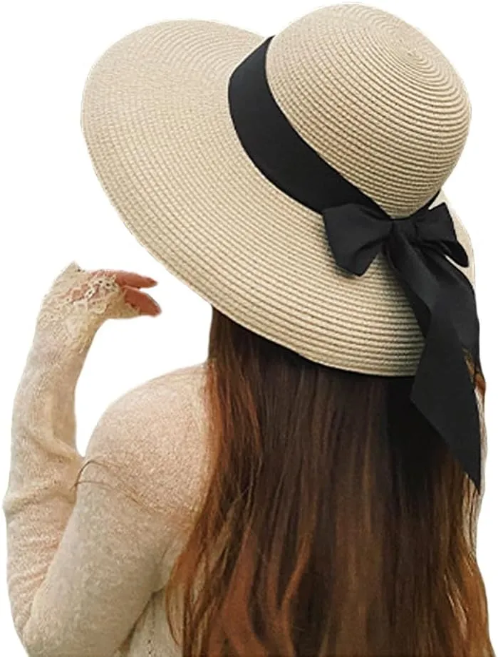 Women Floppy Beach Hat Wide Brim Panama Straw hat Fedora Beach Sun Cap Packable Summer Cap with Bow