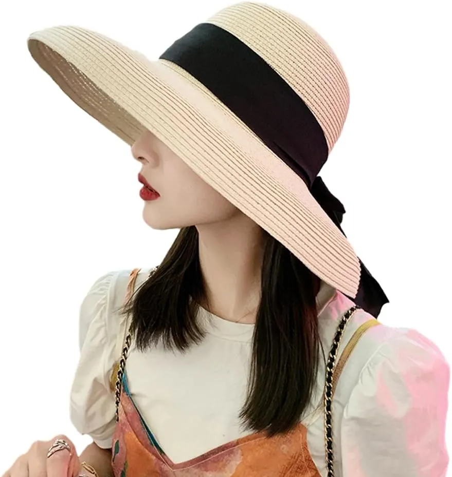 Women Floppy Beach Hat Wide Brim Panama Straw hat Fedora Beach Sun Cap Packable Summer Cap with Bow