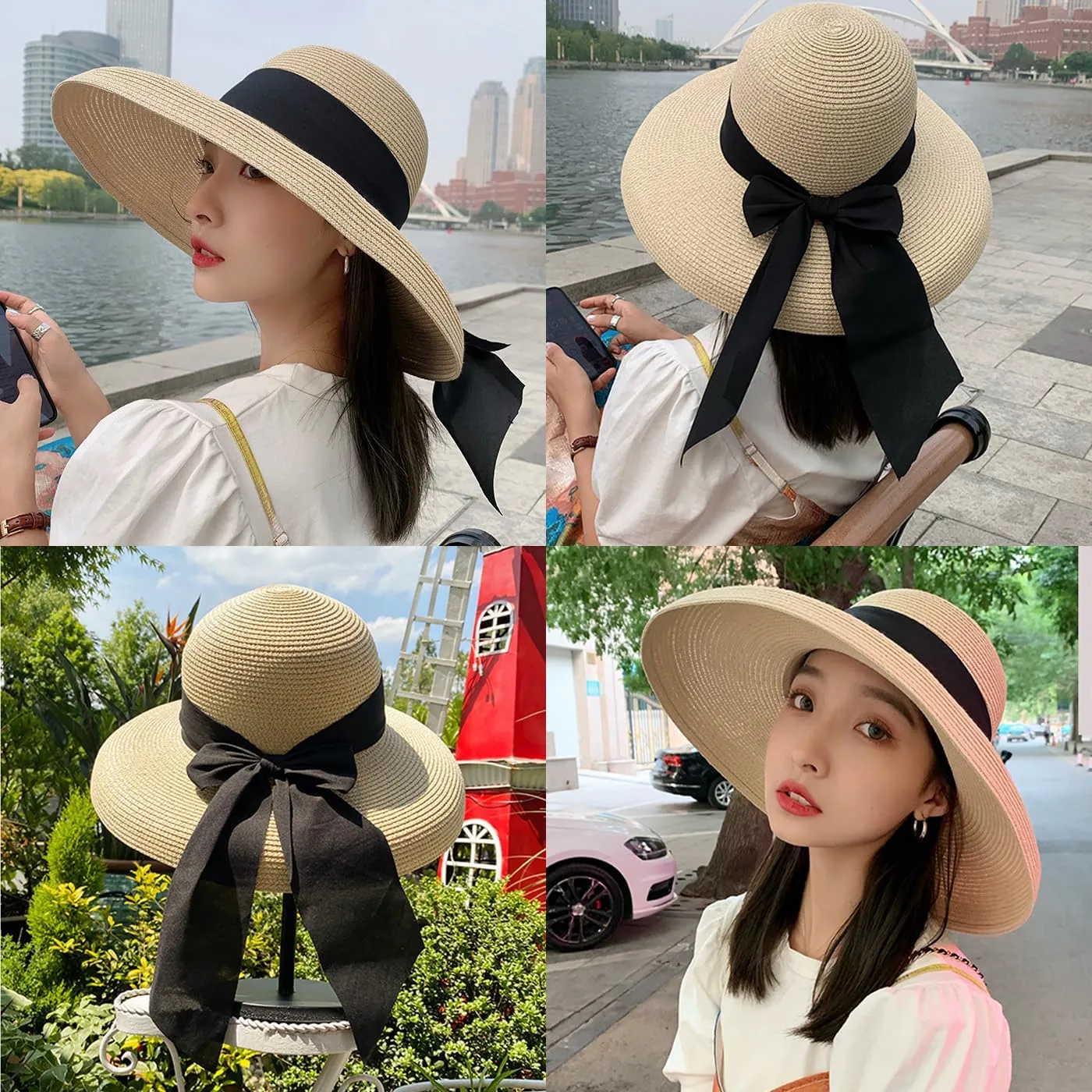 Women Floppy Beach Hat Wide Brim Panama Straw hat Fedora Beach Sun Cap Packable Summer Cap with Bow