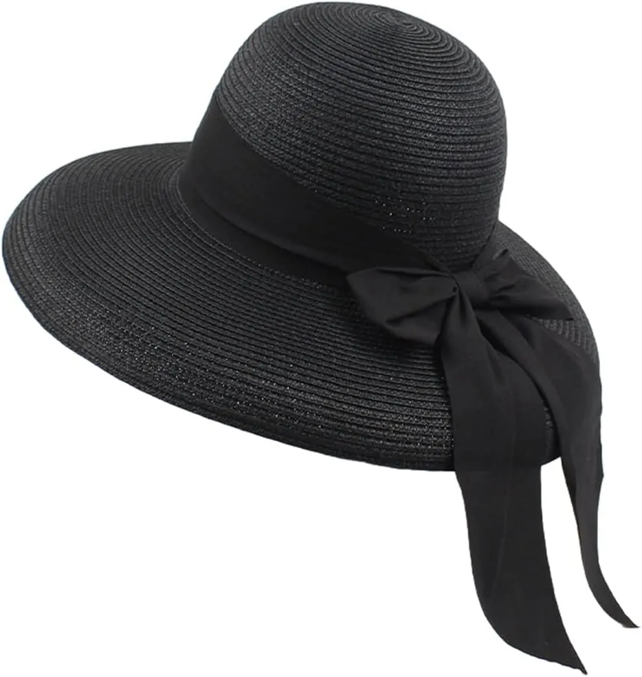Women Floppy Beach Hat Wide Brim Panama Straw hat Fedora Beach Sun Cap Packable Summer Cap with Bow