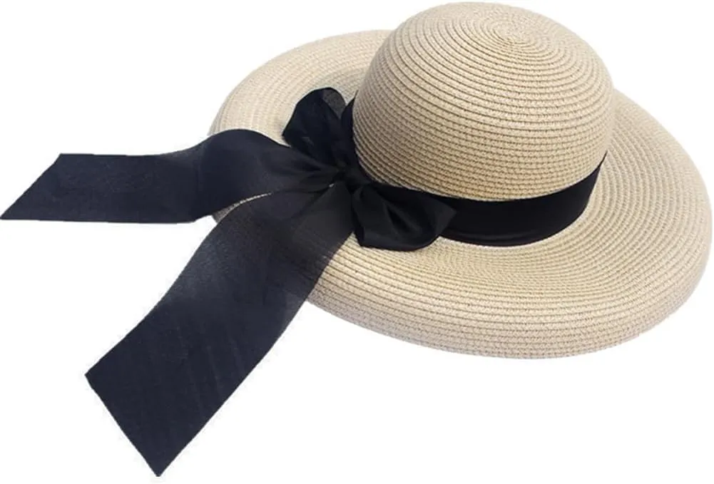 Women Floppy Beach Hat Wide Brim Panama Straw hat Fedora Beach Sun Cap Packable Summer Cap with Bow