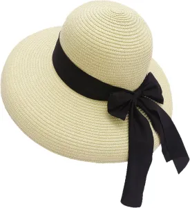 Women Floppy Beach Hat Wide Brim Panama Straw hat Fedora Beach Sun Cap Packable Summer Cap with Bow