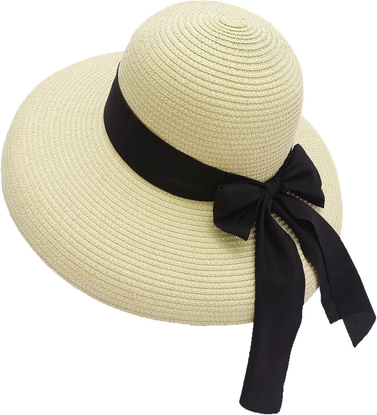 Women Floppy Beach Hat Wide Brim Panama Straw hat Fedora Beach Sun Cap Packable Summer Cap with Bow