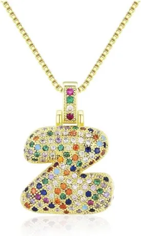 Women's Bubble Letter Necklace Colorful, Pendant Balloon Initial Pendant Zirconia Inlaid Necklace Fashion Gift Jewelry