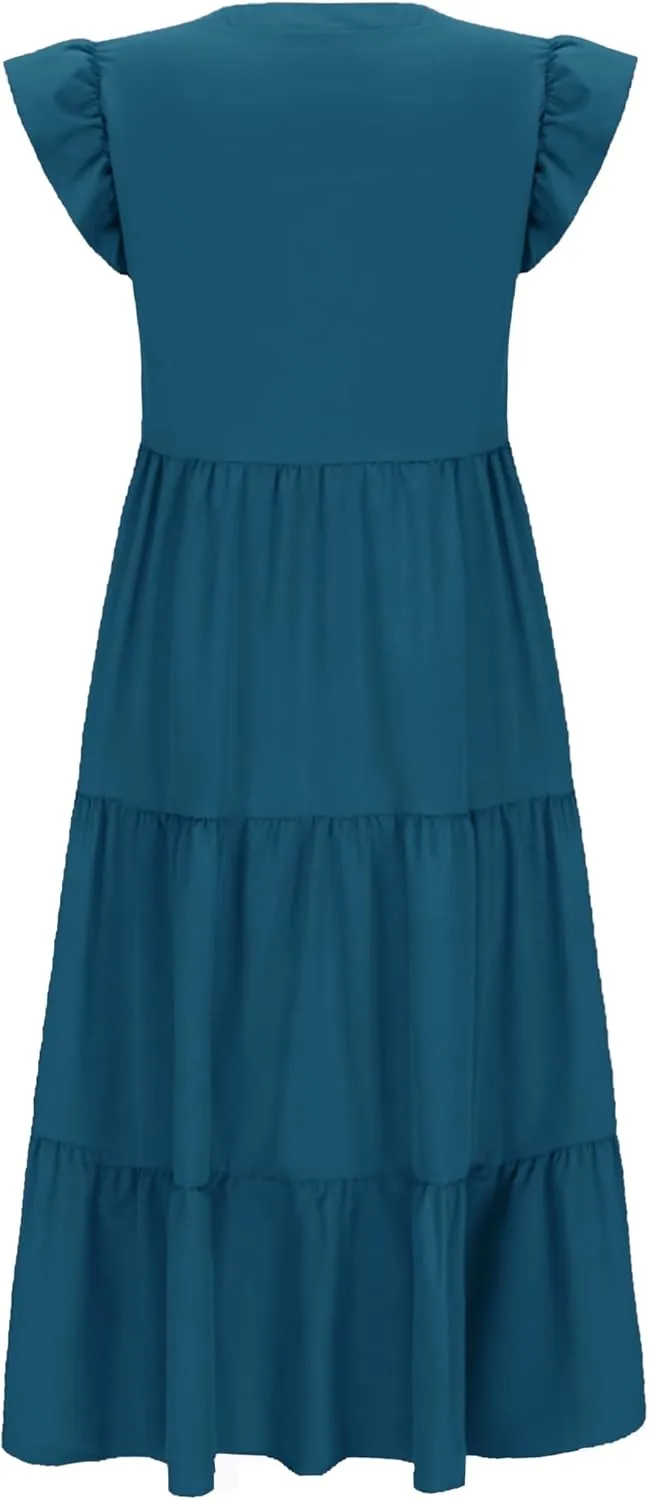 Womens Nursing Midi Dress Breastfeeding Summer Ruffle Sleeveless V Neck Tiered Beach Sundress with Pockets