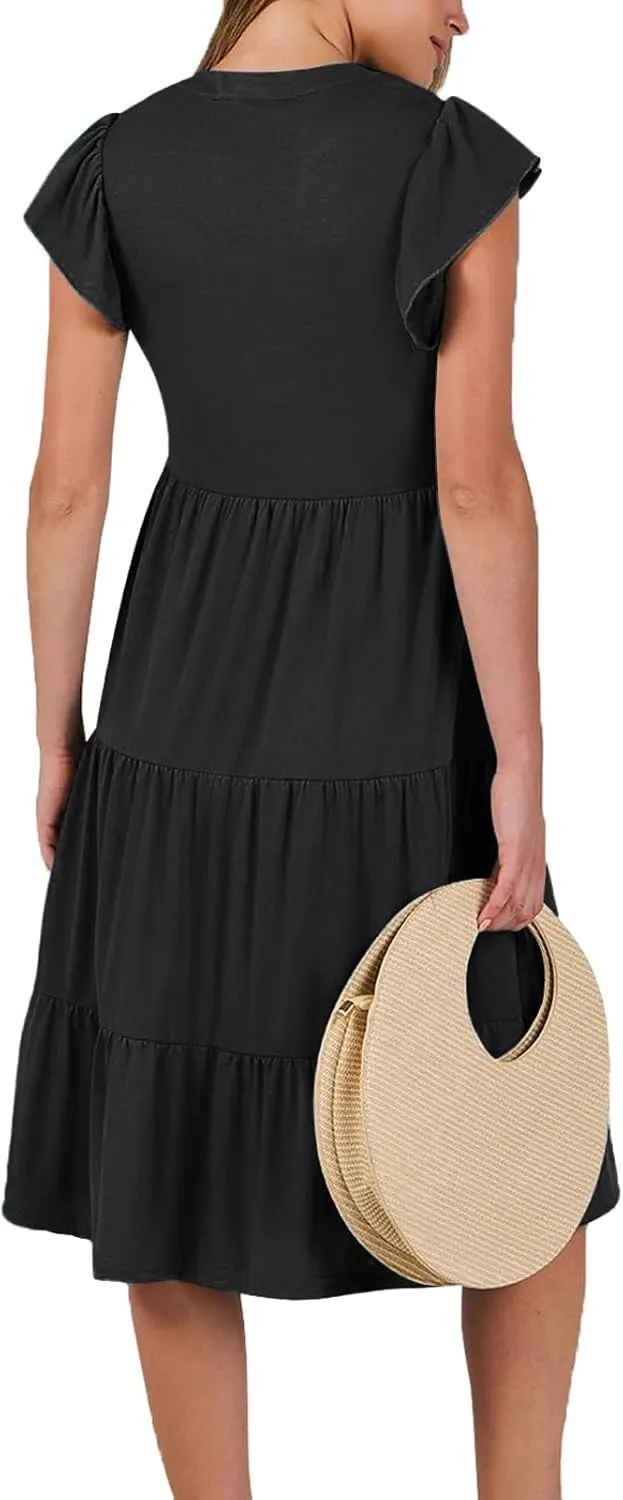 Womens Nursing Midi Dress Breastfeeding Summer Ruffle Sleeveless V Neck Tiered Beach Sundress with Pockets
