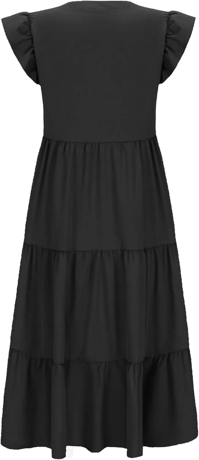 Womens Nursing Midi Dress Breastfeeding Summer Ruffle Sleeveless V Neck Tiered Beach Sundress with Pockets