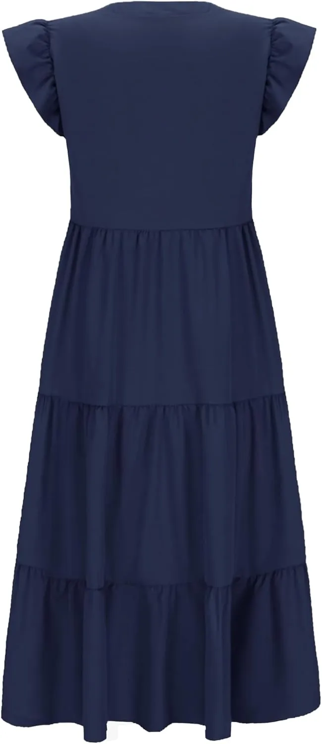 Womens Nursing Midi Dress Breastfeeding Summer Ruffle Sleeveless V Neck Tiered Beach Sundress with Pockets