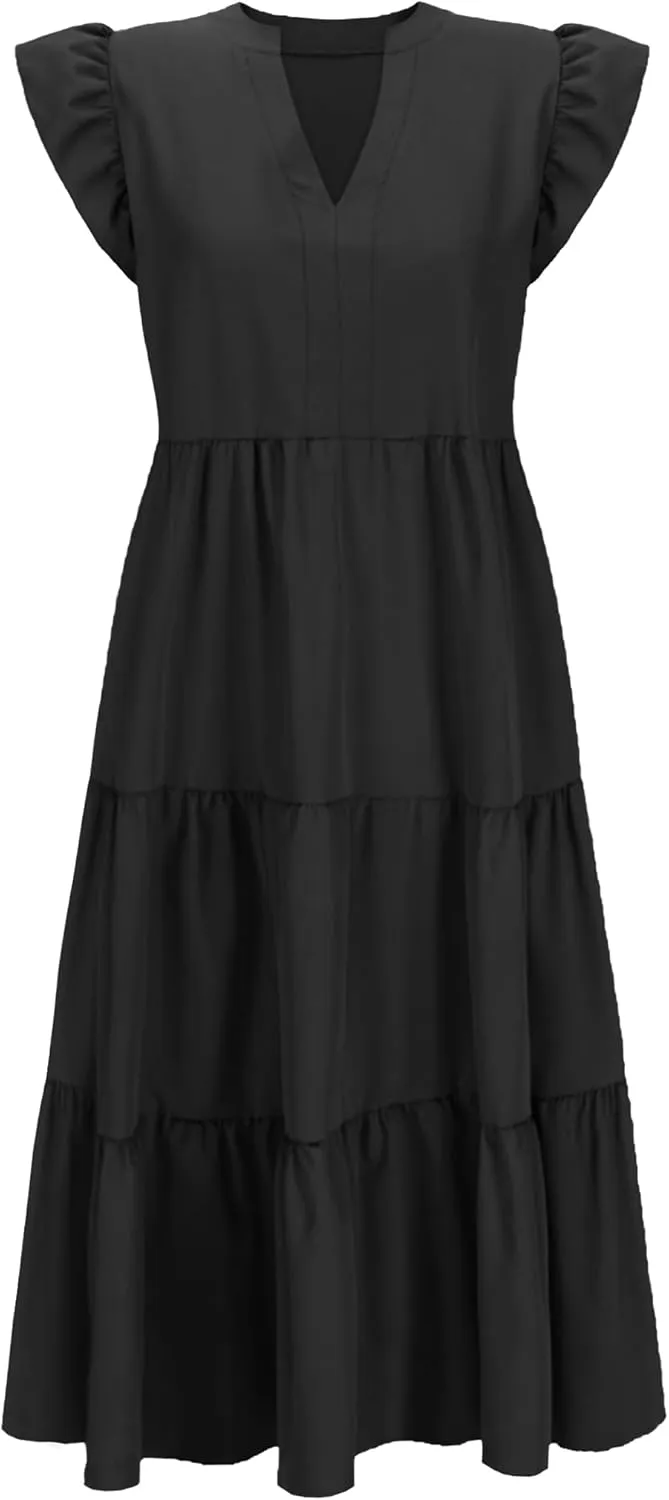 Womens Nursing Midi Dress Breastfeeding Summer Ruffle Sleeveless V Neck Tiered Beach Sundress with Pockets