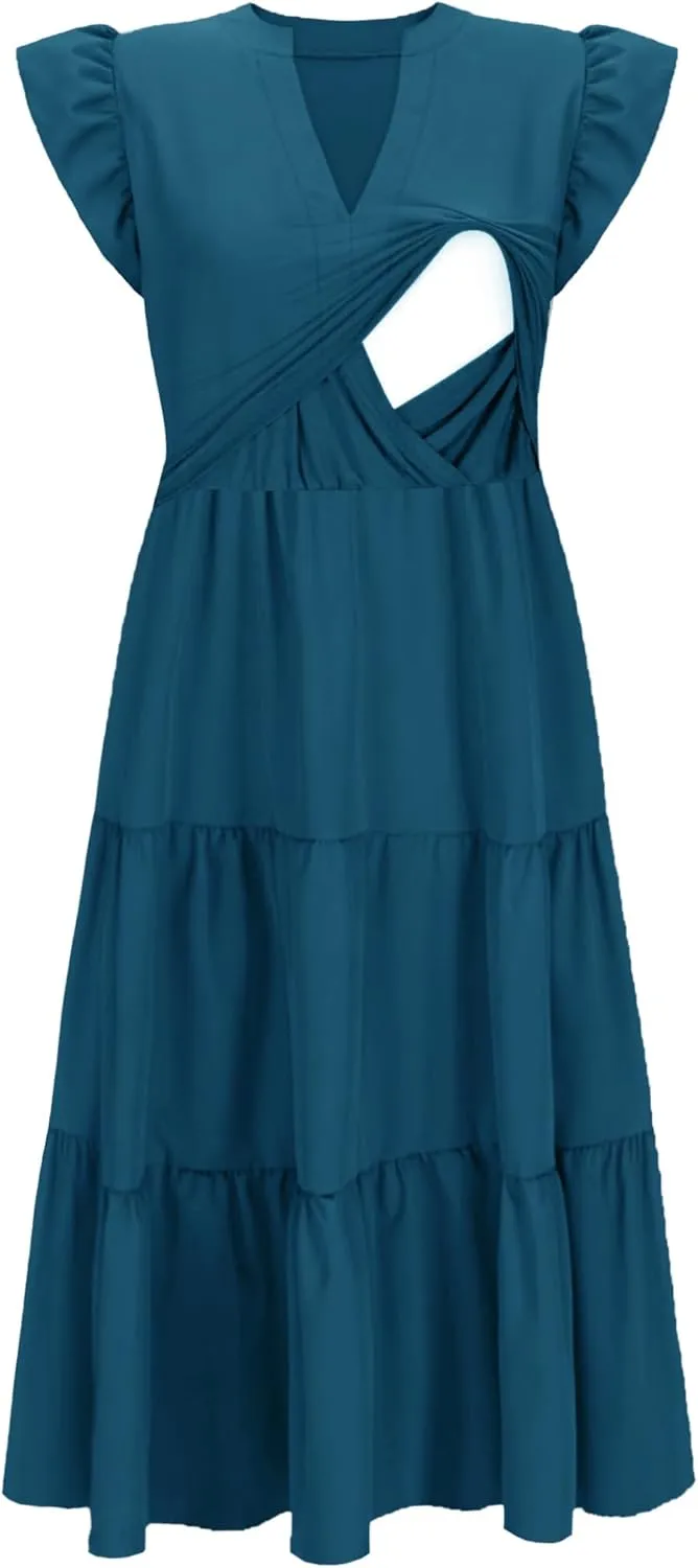 Womens Nursing Midi Dress Breastfeeding Summer Ruffle Sleeveless V Neck Tiered Beach Sundress with Pockets