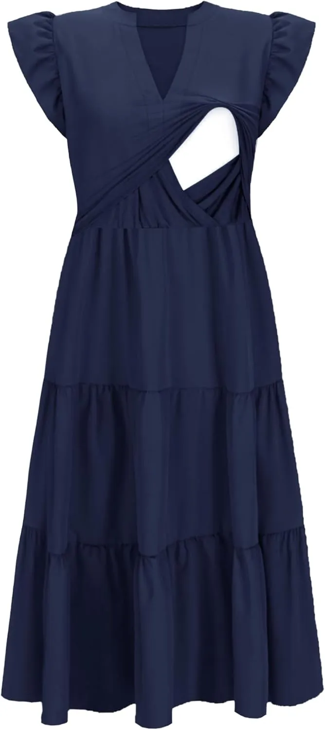 Womens Nursing Midi Dress Breastfeeding Summer Ruffle Sleeveless V Neck Tiered Beach Sundress with Pockets