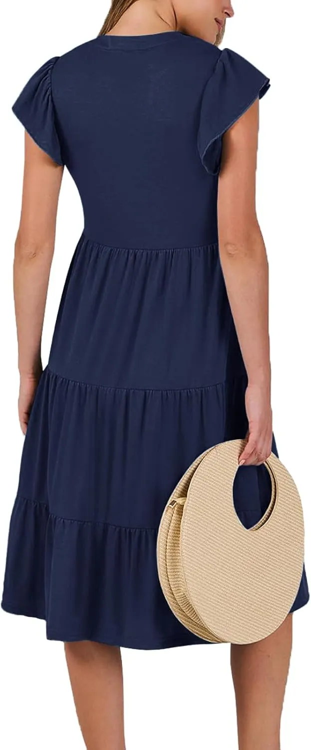 Womens Nursing Midi Dress Breastfeeding Summer Ruffle Sleeveless V Neck Tiered Beach Sundress with Pockets