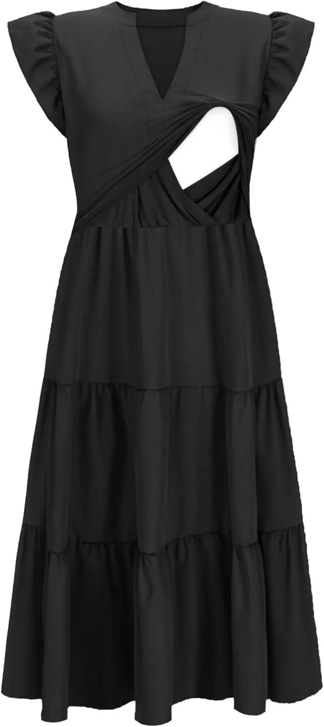 Womens Nursing Midi Dress Breastfeeding Summer Ruffle Sleeveless V Neck Tiered Beach Sundress with Pockets