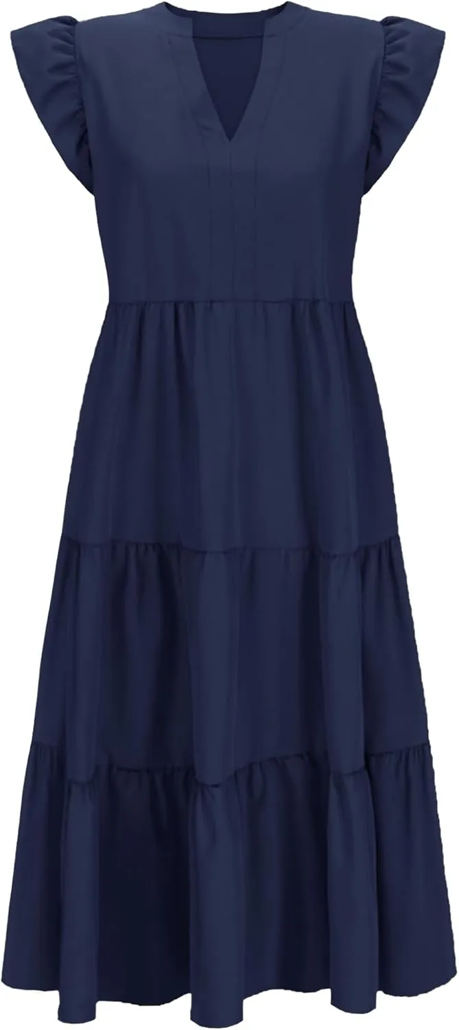 Womens Nursing Midi Dress Breastfeeding Summer Ruffle Sleeveless V Neck Tiered Beach Sundress with Pockets