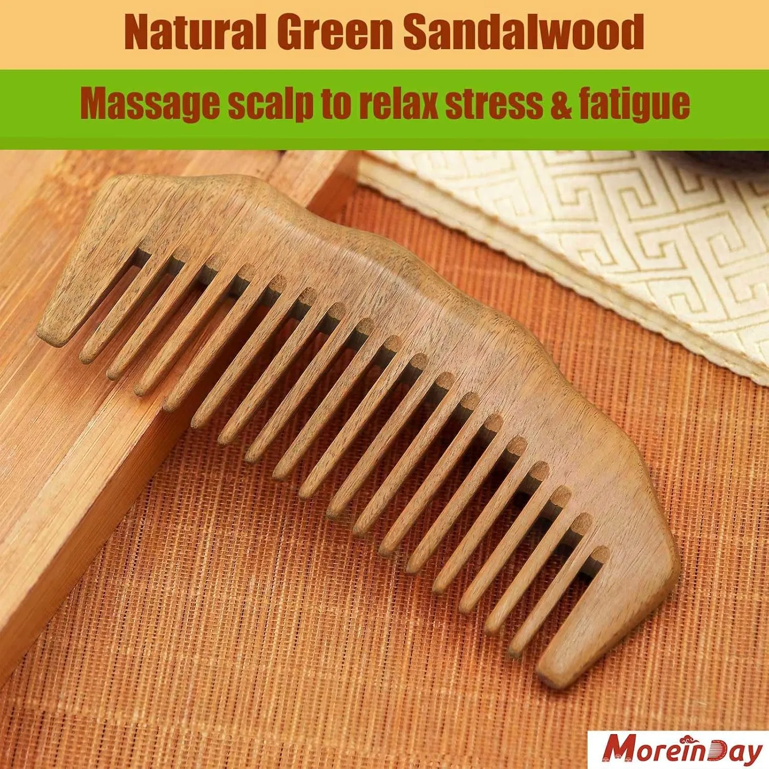 Wooden Comb, Labor Comb, Wide Tooth for Curls, Green Sandalwood for Women Hair Growth