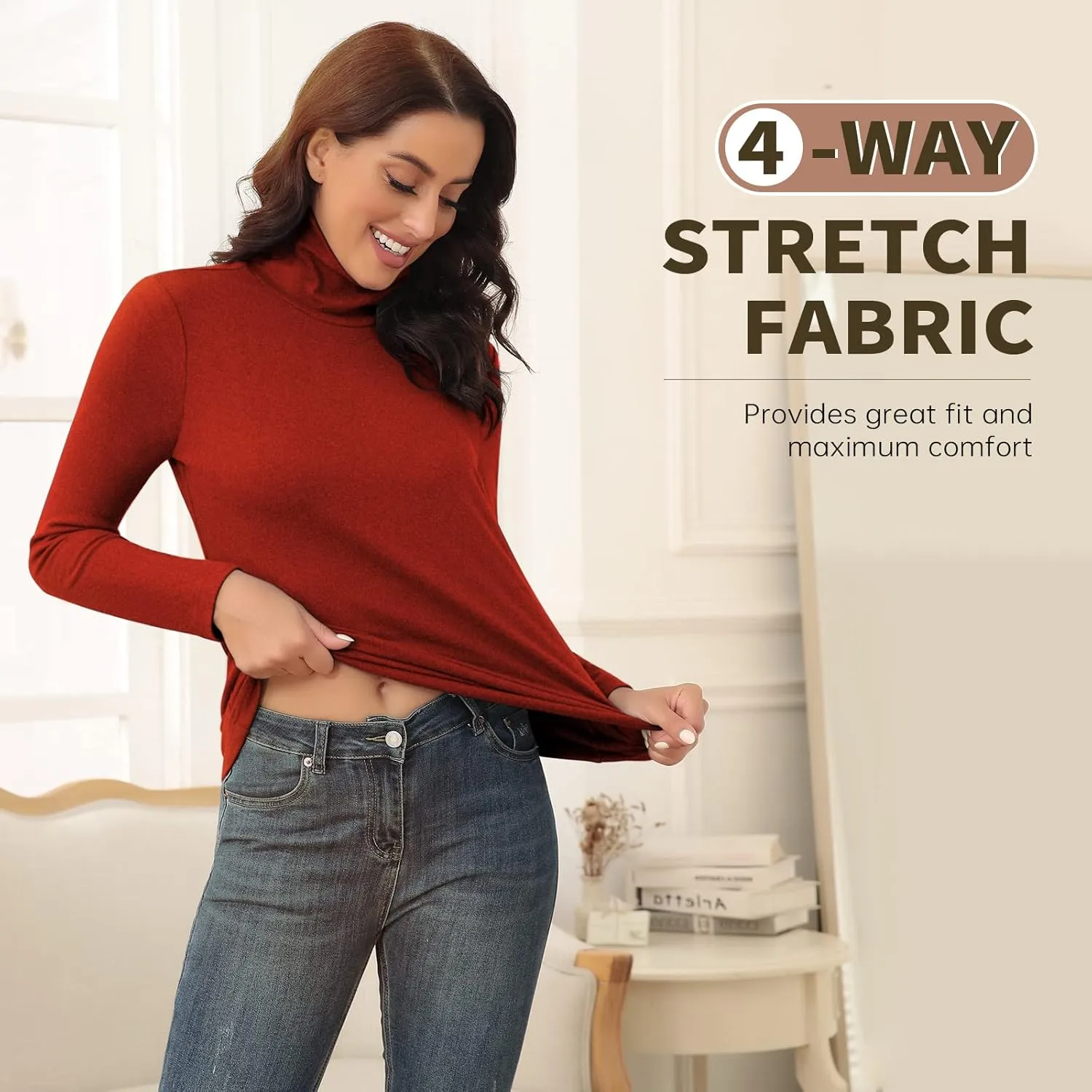 WOWENY Womens Fashion Turtleneck Long Sleeve Thermal Shirts Slim Fit Soft Base Layer Underwear Tops