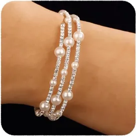 YERTTER Wedding Silver Pearl Rhinestone Multi Layered Stretch Wrap Bracelet 1920s Vintage Strand Layered Bracelet Gift for Women Brides