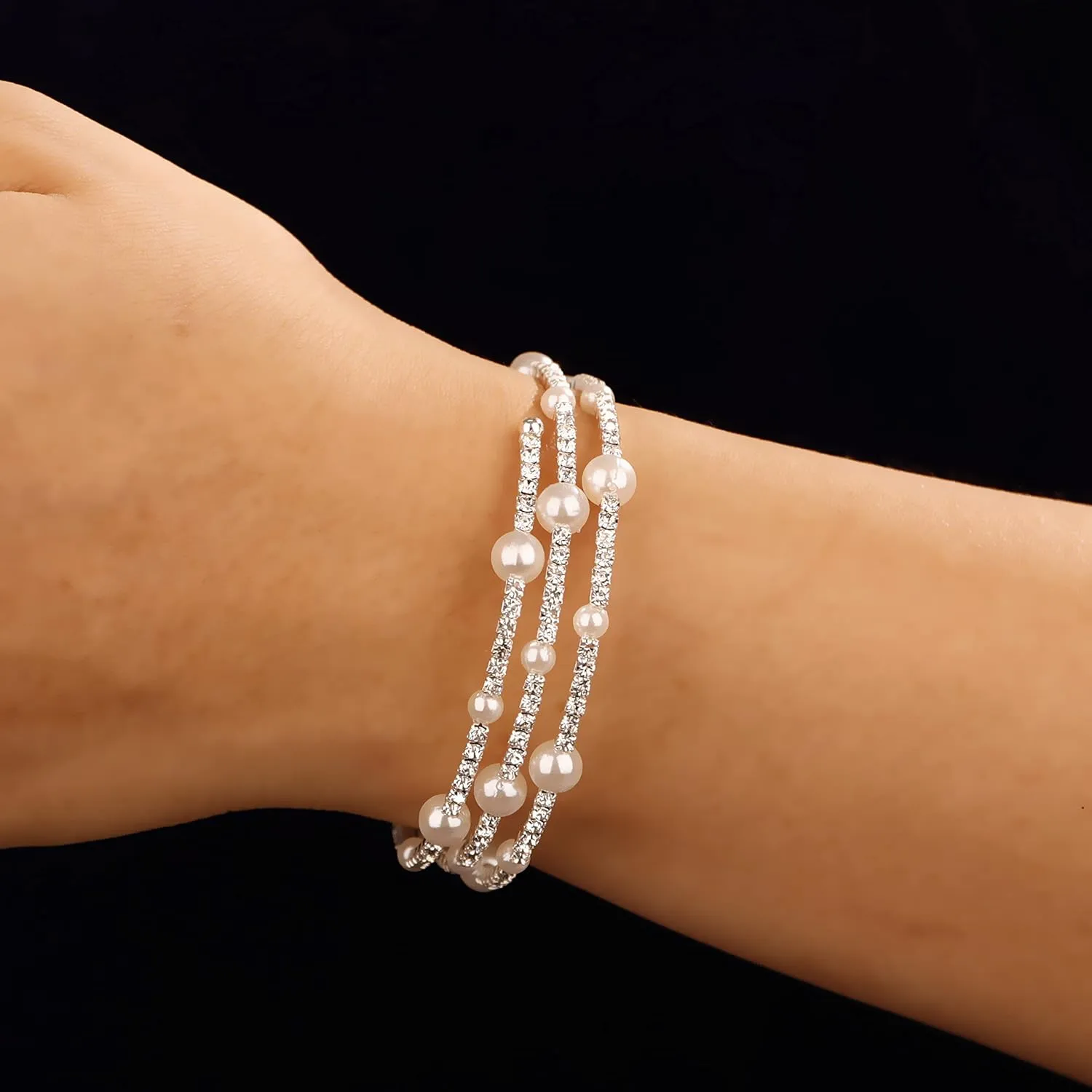YERTTER Wedding Silver Pearl Rhinestone Multi Layered Stretch Wrap Bracelet 1920s Vintage Strand Layered Bracelet Gift for Women Brides